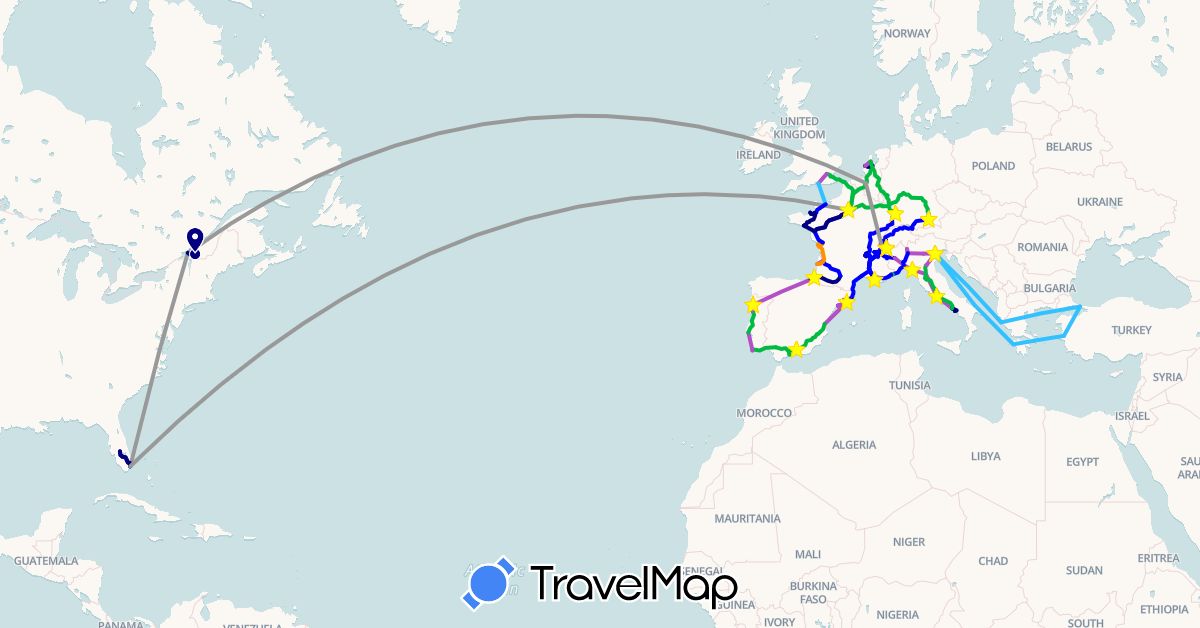 TravelMap itinerary: driving, bus, plane, train, boat, hitchhiking, carpooling, taxi, tramway in Belgium, Canada, Switzerland, Germany, Spain, France, United Kingdom, Greece, Italy, Netherlands, Portugal, Turkey, United States (Asia, Europe, North America)