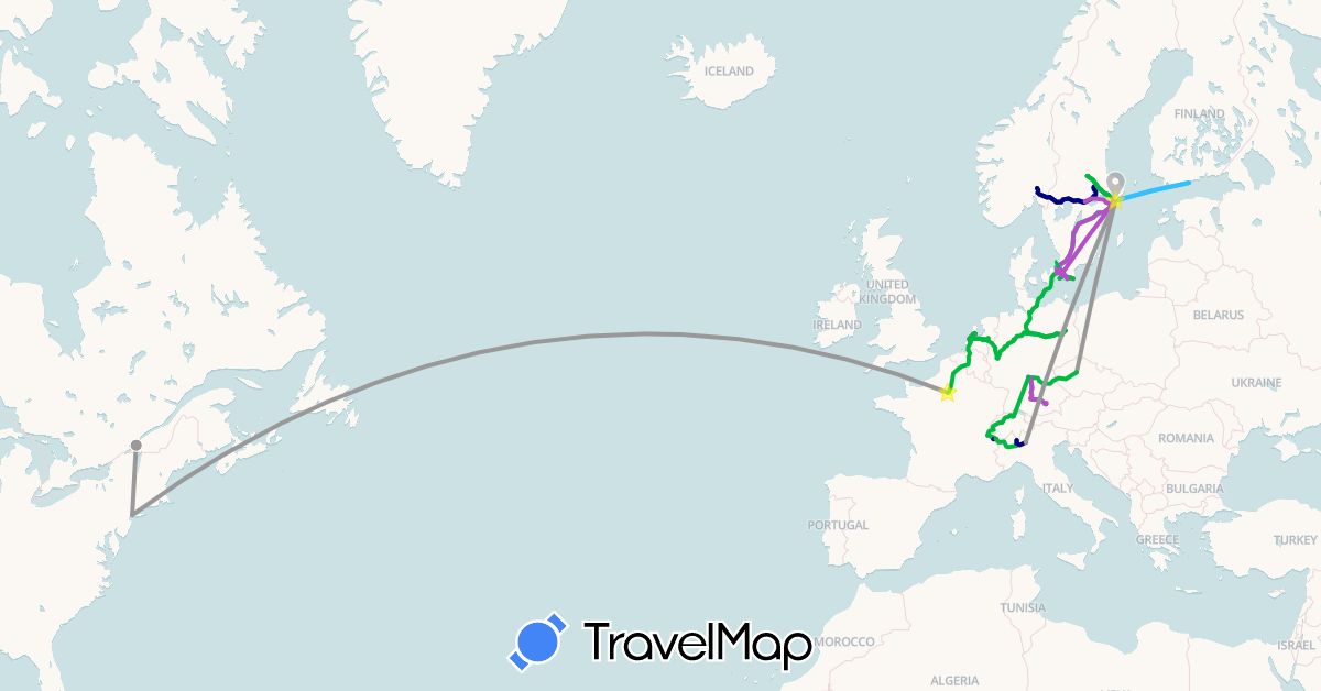 TravelMap itinerary: driving, bus, plane, train, hiking, boat in Belgium, Canada, Switzerland, Czech Republic, Germany, Denmark, Finland, France, Italy, Netherlands, Norway, Sweden, United States (Europe, North America)